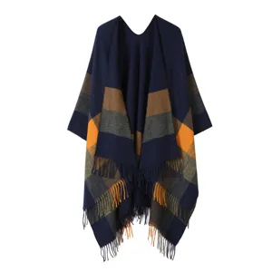 Damen Winter kariert Quasten Poncho Cape, stilvoller lässiger Kunstkaschmir Wickelschal.