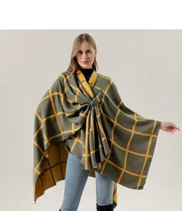 Autumn winter warm plaid cape shawl with front tie, stylish green and yellow grid cloak outerwear.