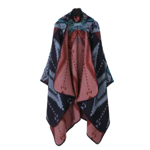 Poncho capa con capucha de punto estilo étnico, cálido suéter capa geométrica de invierno.