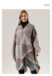 Retro horse pattern knitted cape shawl for women, stylish warm open front design.