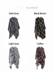 Plaid side-tied shawl cape open front poncho autumn winter warm scarf outerwear