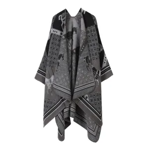 Stylish vintage horse pattern knitted cape winter warm geometric blanket shawl poncho wrap