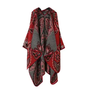 Damen Kapuze Strick Cape Schal Winter warm ethnisch Paisley Druck Poncho Mantel neu
