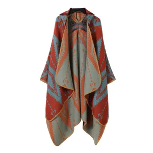 Poncho con capucha de punto etnico geometrico para mujer otono invierno abrigo.