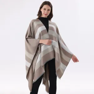 Women Reversible Faux Cashmere Poncho Shawl Striped Tassel Knit Cape Wrap For Winter Office Open Front Cardigan Jacket