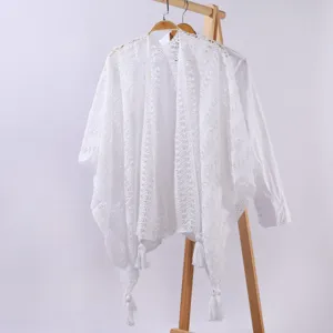 White crochet lace hollow tassel shawl for women summer lightweight cardigan top wear