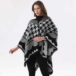 Damen Ethno Hahnentritt Geometrischer Poncho Cape Kaschmir-Imitat Dickes Warmes Schultertuch Für Winterreisen