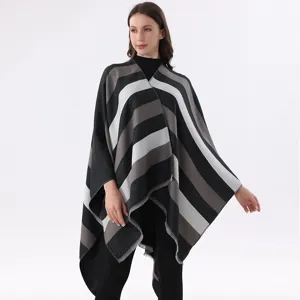 Women autumn winter knit cape shawl cardigan black grey white striped outerwear detail view