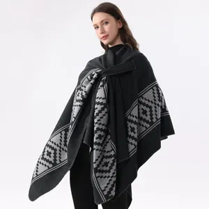 Damen Winter warm Imitation Kaschmir Umhang Schal mit seitlichem Riemen geometrisches Muster