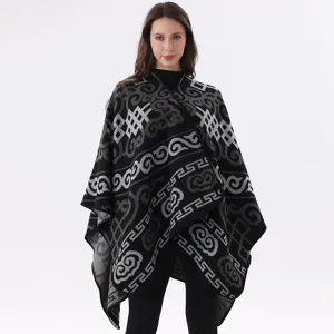 Damen Chinesischer Stil Kaschmir-Imitat Poncho Geometrisches Muster Winter Warm Schal Ethno Cardigan Umhang Für Reisen Camping