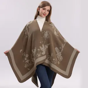 Dames Vintage Kasjmierachtige Bloem Jacquard Sjaal Poncho Dubbelzijdige Dikke Warme Cape Wrap Open Voorkant Cardigan Bovenkleding