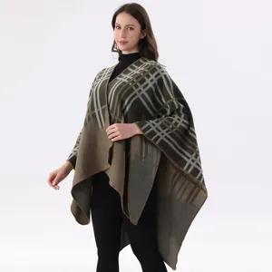 Damen Winter kariert Kaschmir Gefühl Umhang Schal offene Front Poncho Detail Ansicht