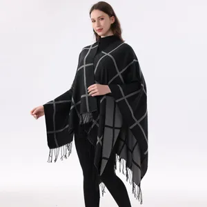Poncho Capa de Cuadros con Borlas para Mujer Acrílico tipo Cachemira Chal Suave Cálido para Viajes Aire Libre Patrón de Cuadros Invierno