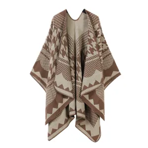 Damen Ethno Muster Strick Poncho Umhang Winter Warmer Freizeit Hahnentritt Schal Tuch