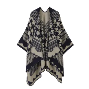 Strick Poncho Cape für Damen, Hahnentritt ethnisch geometrisches Muster, warmer Winter Umhang.
