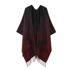 Gradient knit shawl detail, vintage fringe design, elegant winter warm outerwear scarf.