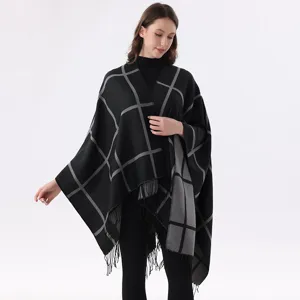 Mujer cuadros tejido flecos capa chal elegante largo invierno cálido ropa moda estilo