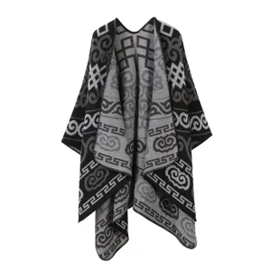 Schwarzer und weißer Damen Strick Schal warmer gemütlicher offener Mantel ethnischer Stil