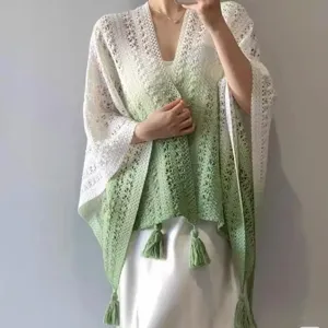 Women Summer Knitted Hollow Out Gradient Tassel Shawl Ethnic Tie Dye Cardigan Beach Sun Protection Outerwear