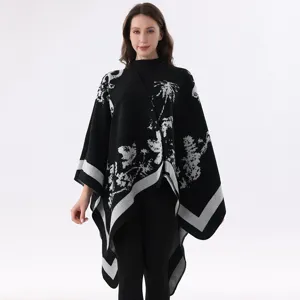 Dames gebreide poncho cape sjaal zwart wit patroon warme winter kleding mode stijl chic