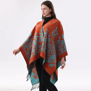 Damen Strick Paisley Muster Fransen Poncho stylischer Umhang Schal warme Winter Kleidung