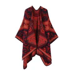 Böhmischer ethnischer Stil Damen rot schwarz Poncho Schal Vintage Umhang Jacke Detail.