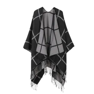 Capa chal a cuadros negro y gris con flecos, ropa de abrigo cómoda para las mujeres.