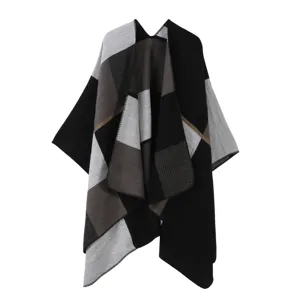 Damen Strick Colorblock Poncho Geometrisch Asymmetrisch Cape Lässig Offene Vorderseite Schal