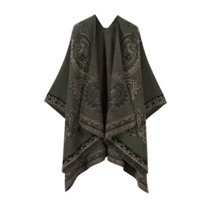 Damen stilvoll dunkelgrün Paisley Muster Poncho Winter warm Kaschmirimitat Schal Umhang