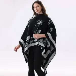 Vrouwen zwarte gebreide ponchos winter warme cape sjaal casual stijlvolle bovenkleding