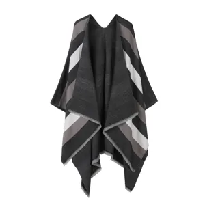 Stylish women winter striped tassel cape shawl poncho, elegant outerwear for office daily.
