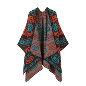 Ethischer Strick-Poncho Detail, Retro geometrisches Muster Cardigan Schal Damen Reise Outdoor.
