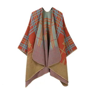 Damen Winter warm kariert Poncho Cape Quasten ethnischen Stil Decke Schal Umhang Mode