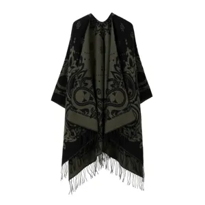 Schwarzer und olivgrüner Paisley-Muster Quasten Umhang, stilvoller warmer Poncho Damen.