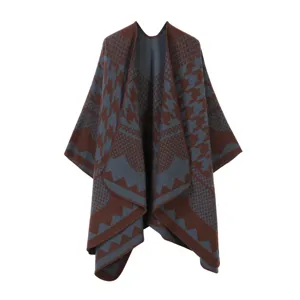 Gestreickter Hahnentritt Schal Umhang für Damen, ethnischer Stil gemütlicher Winter Cape Detail.