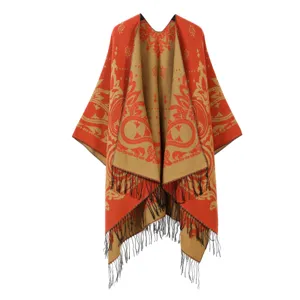 Stilvoller Damen Strick Quasten Schal Poncho mit Paisleymuster, warme elegante Cape.