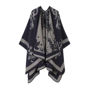 Dames donkere stijl gebreide cape sjaal, dubbelzijdige warme open voorkant bovenkleding.