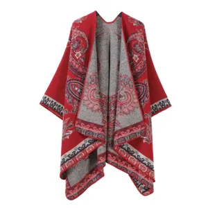 Elegantes rot-graues Kaschmir-Imitat Cape mit Paisley-Muster, warmer Fransen-Poncho für Damen.