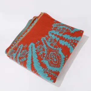 Etnico chal de punto manta calida vintage azul naranja capa bufanda estilo bohemio para mujer