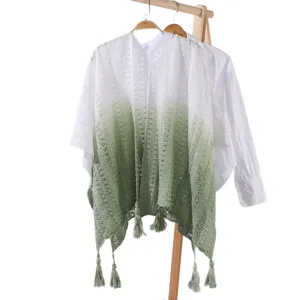 Women Gradient Knit Crochet Tassel Shawl Summer Thin Cardigan Beachwear Casual Tops