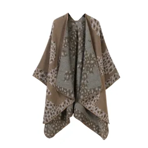 Mujer estampado leopardo poncho tejido chal invierno cálido capa abierta moda capa bufanda.