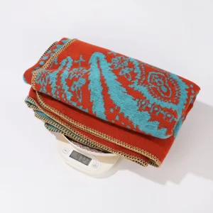 Chal manta étnico de punto, capa boho roja y azul, bufanda cálida de invierno acogedora.