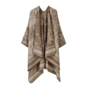 Retro melierter Strick-Umhang für Damen, stilvoller Kaschmir-Gefühl Poncho für Reisen.