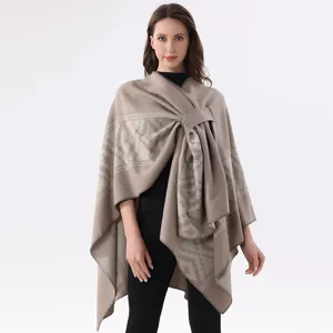 Damen Herbst Winter Warm Poncho Poncho Retro Geometrisches Muster Asymmetrischer Riemen Geschlitztes Cape Weicher Schal