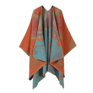 Scialle Imitazione Cashmere Jacquard Vintage da Donna Mantella Aperta con Frange Caldo Invernale