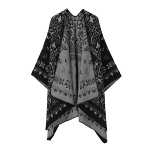 Schwarz weiße Strick Cape Schale mit vintage Paisleymuster offene Front modischer Umhang