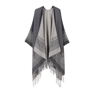 Damen geometrische Fransen Schal Umhang offene Front Winter warme Wrap Poncho Mode.