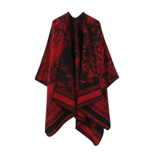 Retro Rot Schwarz Strick Cape Poncho Damen Winter Warmer Schal Reise Oberbekleidung