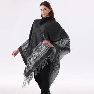 Geometrisches Muster Fransen Schal Cape Cardigan Winter Warm Einfarbig Farbblock Umschlagtuch Für Damen Tägliche Reise