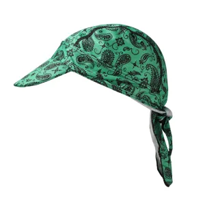 Green paisley cycling cap detail, breathable outdoor sports skull cap with visor and long tail.